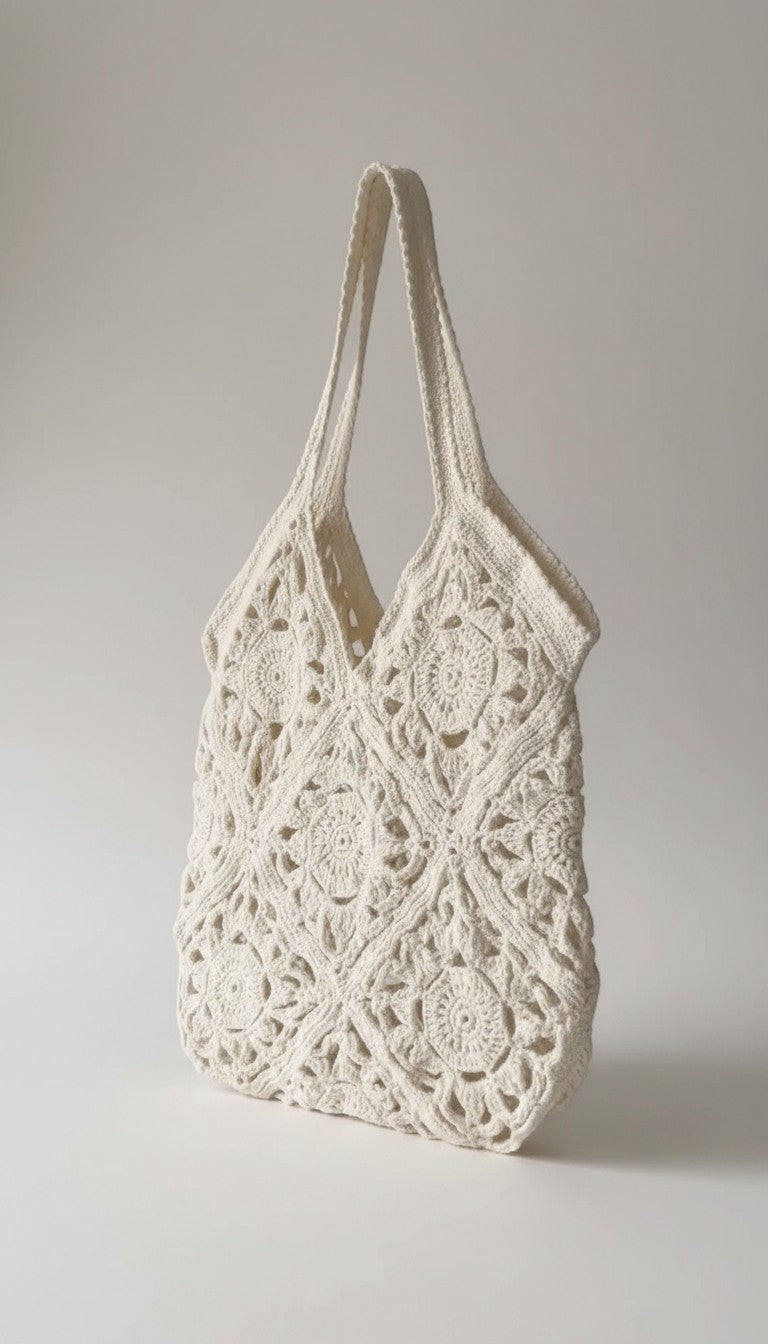 Criminal Crochet cream cotton crocheted tote bag with intricate mandala and geometric patterns, open-weave design, and sturdy straps.